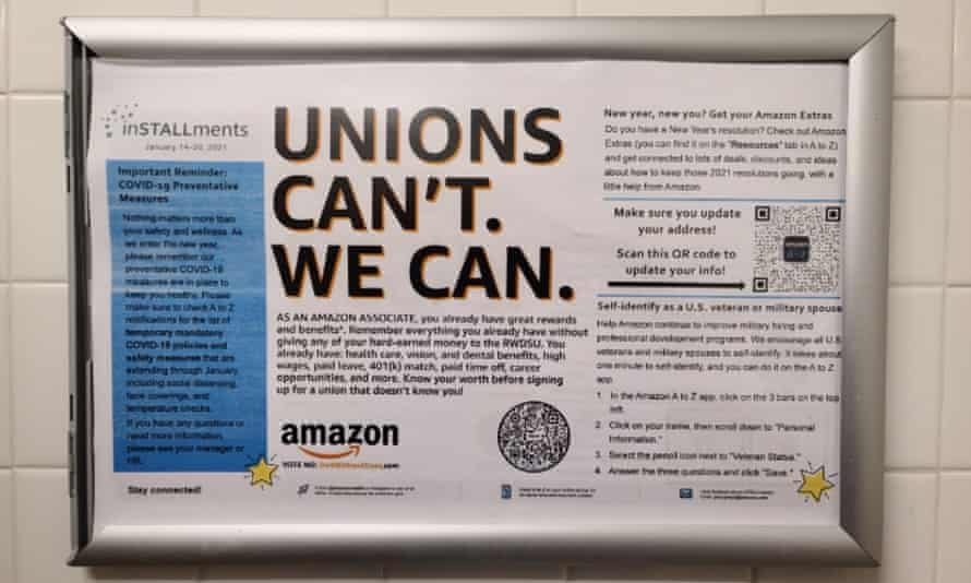 An anti union notice in the company’s Amazon warehouse in Bessemer, Alabama.