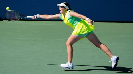Jelena Ostapenko returns a shot to Bernarda Pera during the second set.
