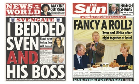 A composite of two tabloid front pages: the News of the World Late edition dated 25 July 2004, with the headline ‘I Bedded Sven and his Boss’ and pictures of Sven-Göran Eriksson, Faria Alam and Mark Palios; and The Sun dated 22 April 2002, with the headline ‘Fancy a Roll?’ and pictures of Sven-Göran Eriksson and Ulrika Jonsson.