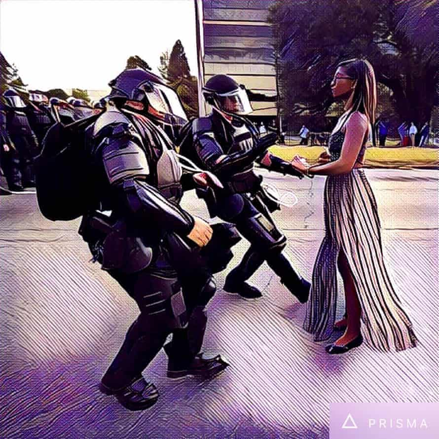 An artistic take on the now iconic photo of a demonstrator protesting the shooting death of Alton Sterling in Baton Rouge.