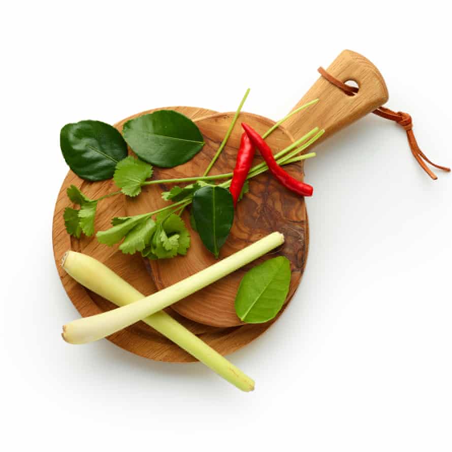 Felicity Cloake’s tom yum masterclass 2. Prepare the aromatics: makrut lime, chilli, coriander, lemongrass.