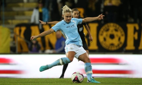 Manchester City’s Izzy Christiansen scores from the spot to make it 2-0 during the Champions League last-16 tie at LSK in Norway.