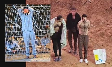 Composite image of prisoners lined up and behind bars