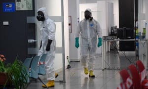 Members of the Spanish Military Emergency Unit, wearing protective gear, prepare to disinfect the Lope de Vega Cultural Center in the Wellescas neighborhood, where residents of the Rapid Antigen Testing Area for Kovid-19 in Madrid on 30 September 2020 Was held for