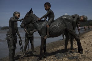 Kids cover a horse with mud