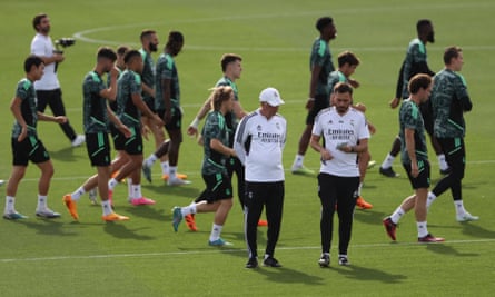 Carlo Ancelotti leads Real Madrid training before the first leg against Manchester City on Tuesday.