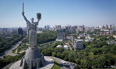 An aerial view of the ⁢Motherland Monument in Kyiv, Ukraine on August 6, 2023.