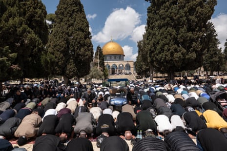 Palestinians flock to al-Aqsa Mosque for the first Friday prayer in five weeks in Jerusalem on Friday.