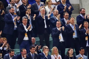 Owner of Chelsea Roman Abramovich applauds as Eden Hazard of Chelsea leaves the field.