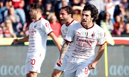 Sandro Tonali (right) celebrates after scoring Milan’s second goal.