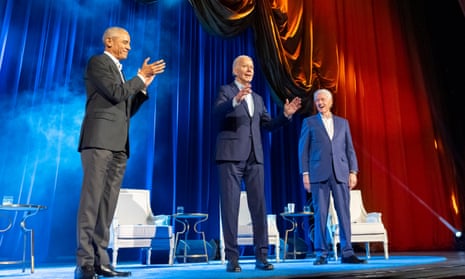 President Joe Biden, center, and former presidents Barack Obama and Bill Clinton participate in a fundraising event at Radio City Music Hall in New York on Thursday.