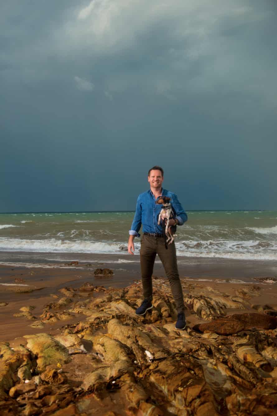 Dr Robbie Tait with his dog Finn on Casuarina Beach, Darwin where he was struck by lightning.