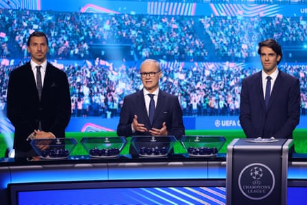 Giorgio Marchetti, Uefa’s deputy general secretary, flanked by Zlatan Ibrahimovic and Kaká.