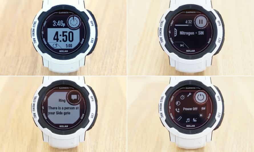 Multiple screens showing Instinct 2 smartwatch functionality, including timers, alerts and music control.