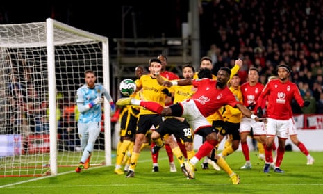 Nottingham Forest’s Serge Aurier flicks the ball back before team-mate Willy Boly goes on to score their side’s first goal of the game.