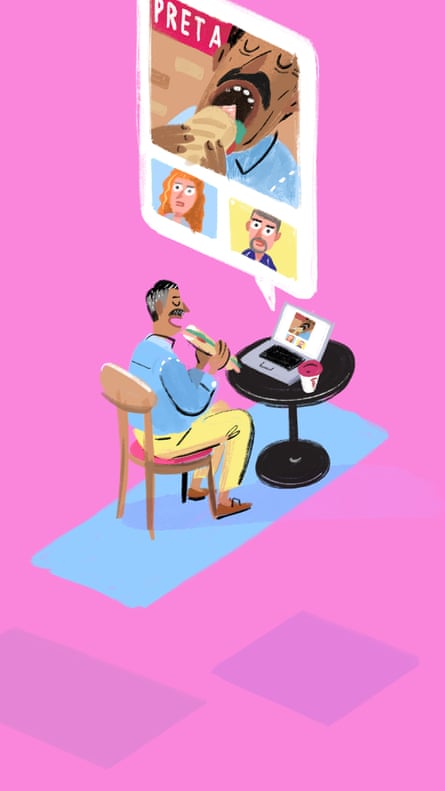Illustration of man eating baguette in cafe while doing a Zoom call