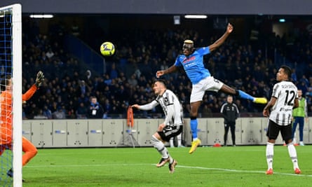 Napoli’s Victor Osimhen rises to score the second of his two goals against Juventus.