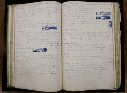 A log book dated Nov. 2, 1847 through July 21, 1851 from the whaling vessel “John Harland” sits at the New Bedford Whaling Museum in New Bedford, Mass.