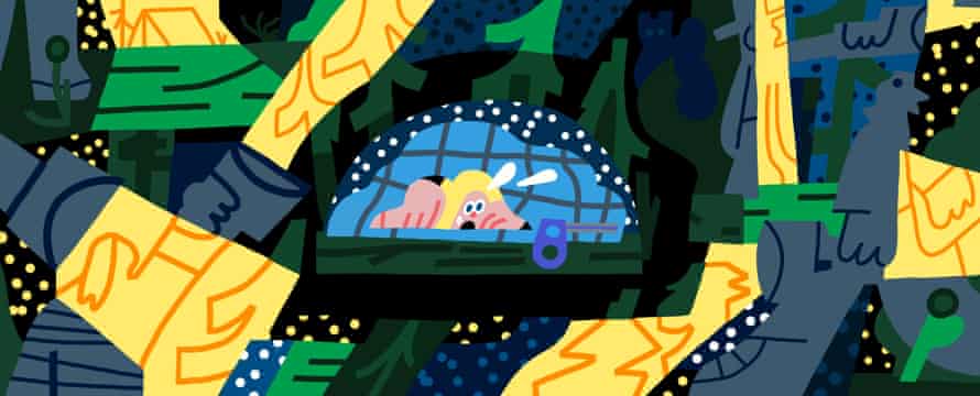 Illustration of frightened woman in sleeping bag