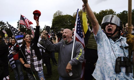 Members of the Proud Boys and other rightwing demonstrators rally on Saturday in Portland.