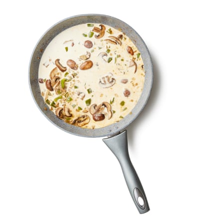Stir in the cayenne pepper, fry for a few seconds, then add the alcohol, if using. Bring to a simmer, then leave the liquid to bubble away to almost nothing before stirring in 250ml stock and the cream. Simmer until the sauce thickens