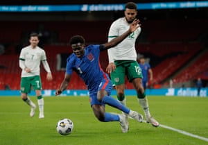 Bakary Saka is fouled by Cyrus Christie for penalty.