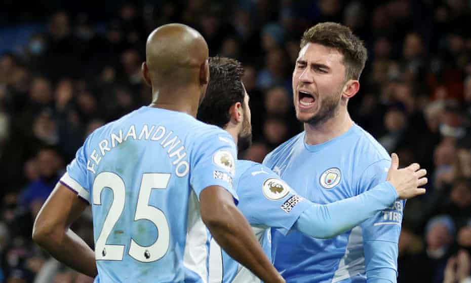 Aymeric Laporte celebrates scoring Manchester City’s fifth goal with Bernardo Silva and Fernandinho