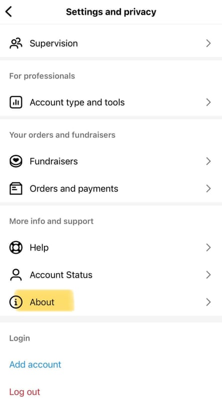 The Instagram settings and privacy menu, with a yellow highlight on the ‘about’ option.