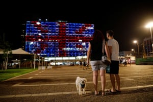 Tel Aviv’s municipality building is illuminated with the Union Jack flag following the death of the Queen