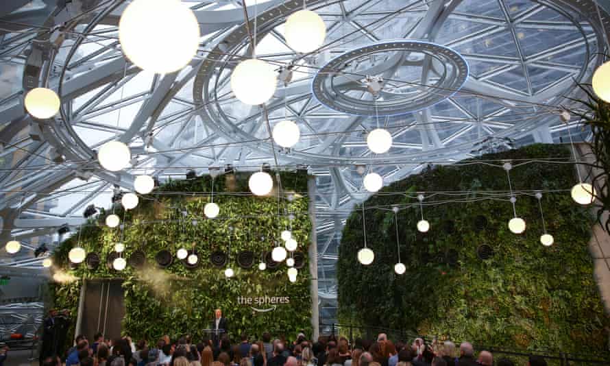 Jeff Bezos at the launch of Amazon Spheres, a new botanical garden that forms part of its Seattle headquarters.