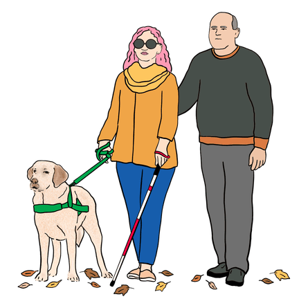 Illustration of woman in dark glasses with man and guide dog.