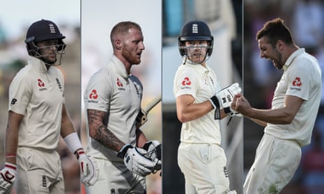 From left: England’s captain Joe Root, Ben Stokes, Rory Burns and Mark Wood.