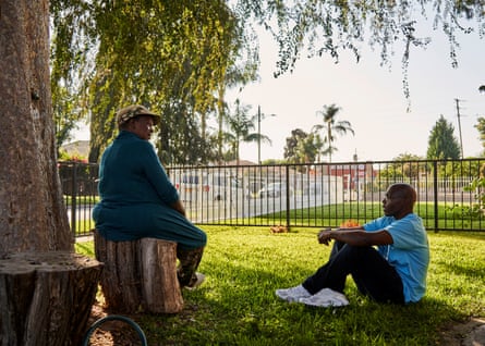 Thompson speaks with his friend of over 19 years, Gwendolyn Haynes, 70, at her home in Compton, California.