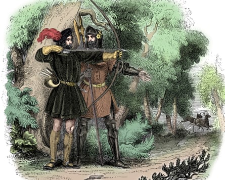 An illustration of Robin Hood and Little John with a bow and arrow in front of a large oak tree.