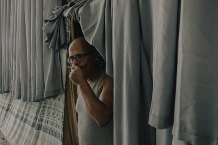 Samir Hajjaj Abu Salah, 55, from Khan Younis. He is among a group of people living in a makeshift tent inside the Nablus Municipal Stadium.
