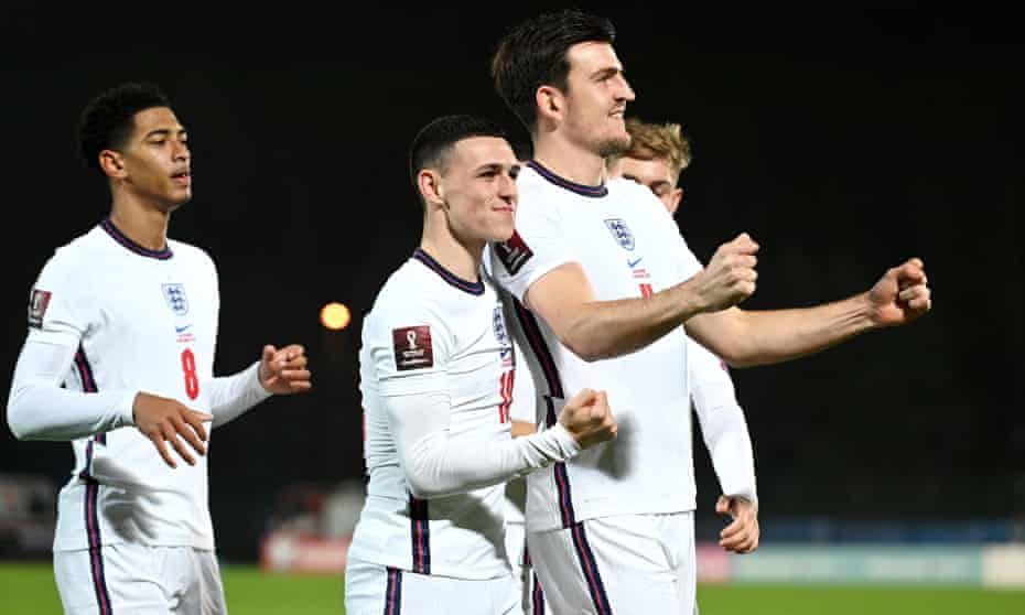 Jude Bellingham, Phil Foden and Harry Maguire celebrate against San Marino