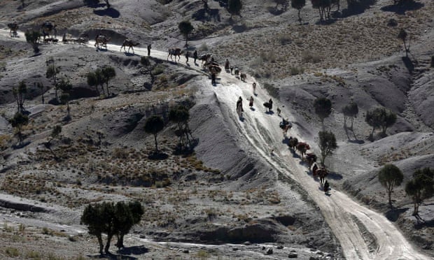 Afghans walk with camels on a road near the border with Pakistan.
