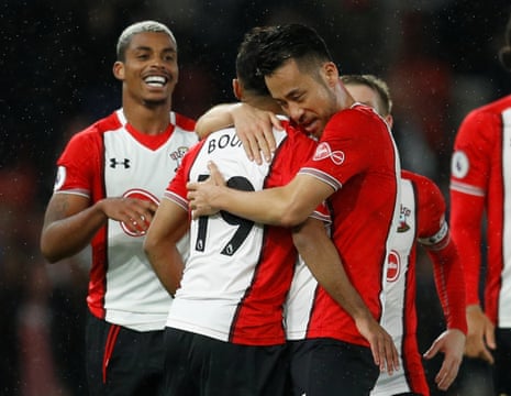 Southampton’s Maya Yoshida and Sofiane Boufal celebrate their victory after the final whistle.