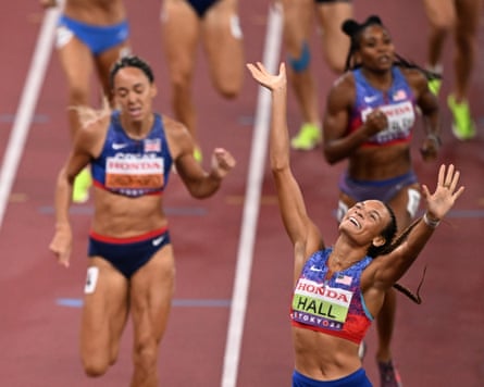 American Anna Hall celebrates crossing the line to win the 800m and gold medal in the heptathlon.