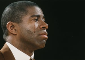 A close up of American basketball hero Earvin ‘Magic’ Johnson who is crying as he retires from the Los Angeles Lakers at the age of 32