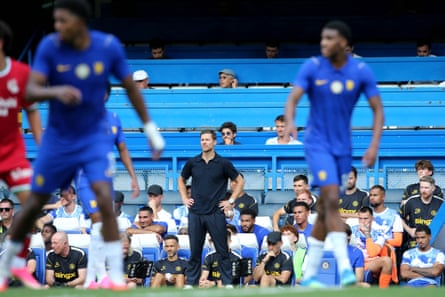 Xabi Alonso watches his Chelsea players as they play Real Sociedad in a friendly at Stamford Bridge