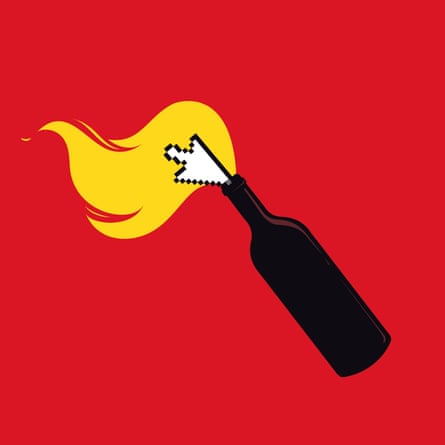 A design of a bottle bursting into flames.