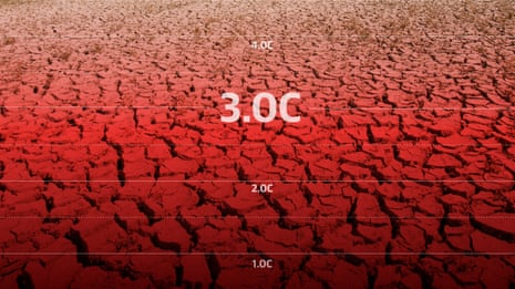 A graphic showing temperature figures – 2C, 3C, 4C – on a background of a red-tinted surface of mudcracks in the Coto Donana, Andalucia, Spain