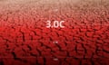A graphic showing temperature figures –?2C, 3C, 4C – on a background of a red-tinted surface of mudcracks in the Coto Donana, Andalucia, Spain