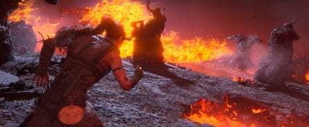 Screenshot showing battle on a fiery volcanic plain