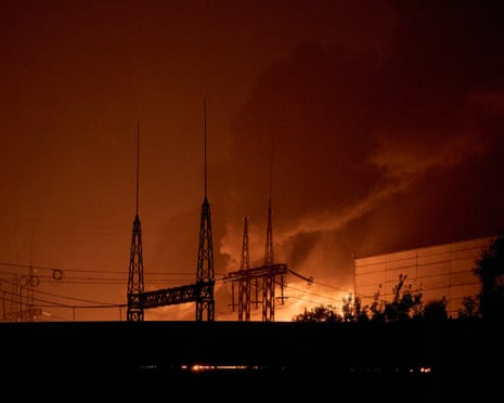 Firefighters battle flames at a thermal power plant following a series of explosions on 10 October 2025 in Kyiv, Ukraine.