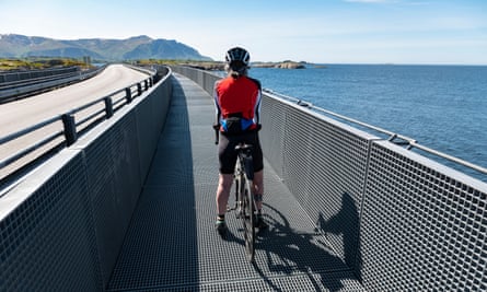 A cyclist on the Atlantic Road causeway, Norway.