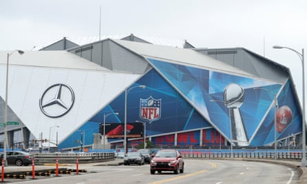 Super Bowl LIII banners at Mercedes-Benz Stadium, where the game will be held.