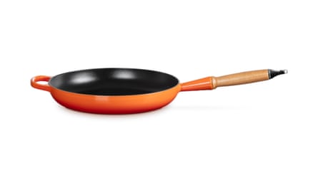 Le Creuset Orange Cast Iron Frying Pan with Wooden Handle