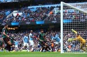 Tom Heaton of Aston Villa fails to save as Kevin De Bruyne of Manchester City scores his team’s second goal.